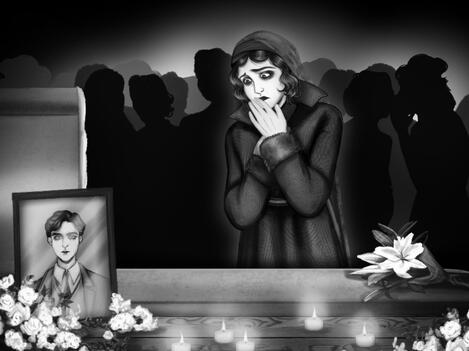 From The Widow's Shadow: A black and white image of the protagonist standing behind the coffin of her husband, looking at it sorrowfully. In the front there's candles and a portrait of the deceased. In the background there's multiple silhouettes of people.